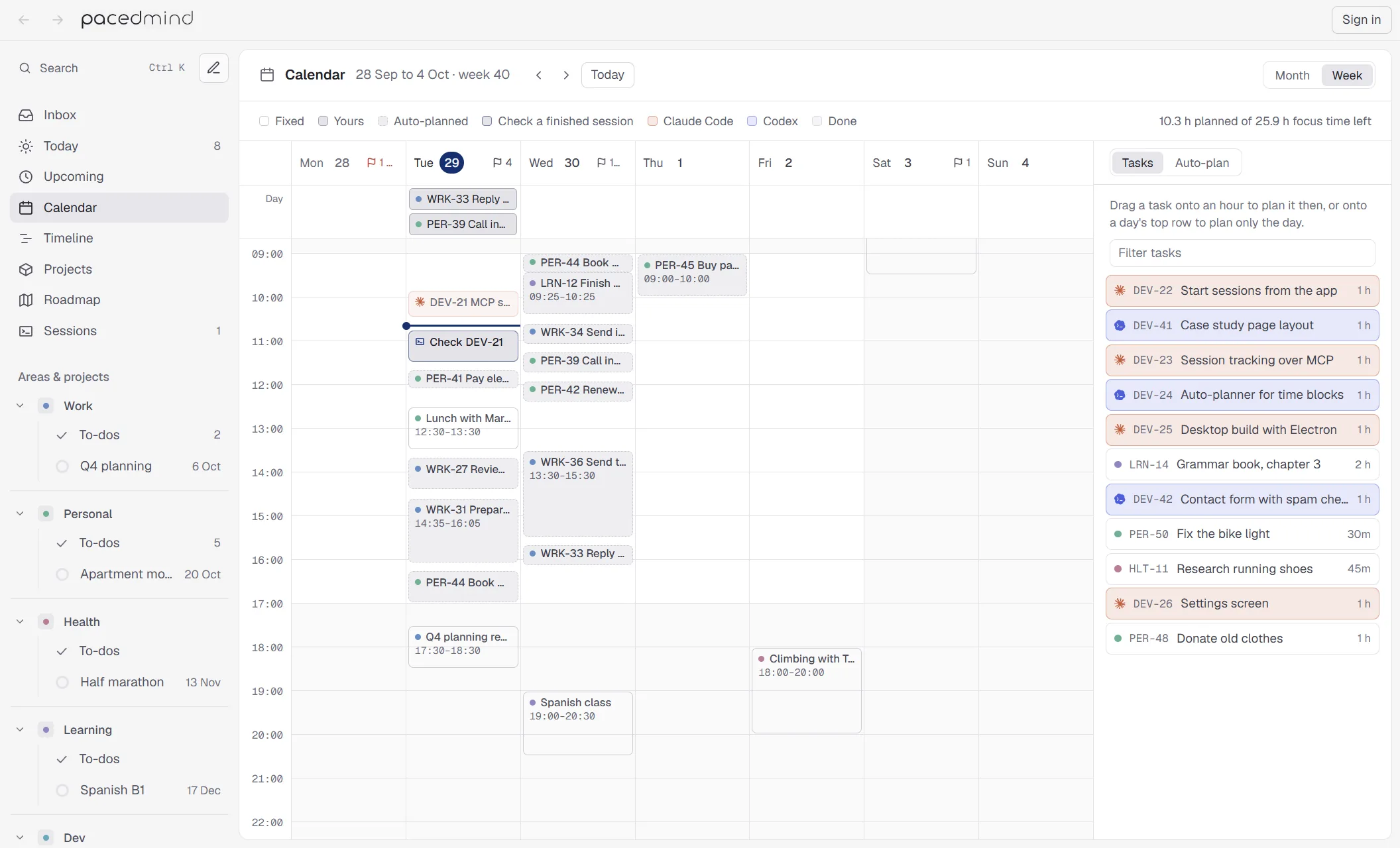 PacedMind's week calendar: events, planned tasks and agent sessions by the hour, beside the tasks still to plan.
