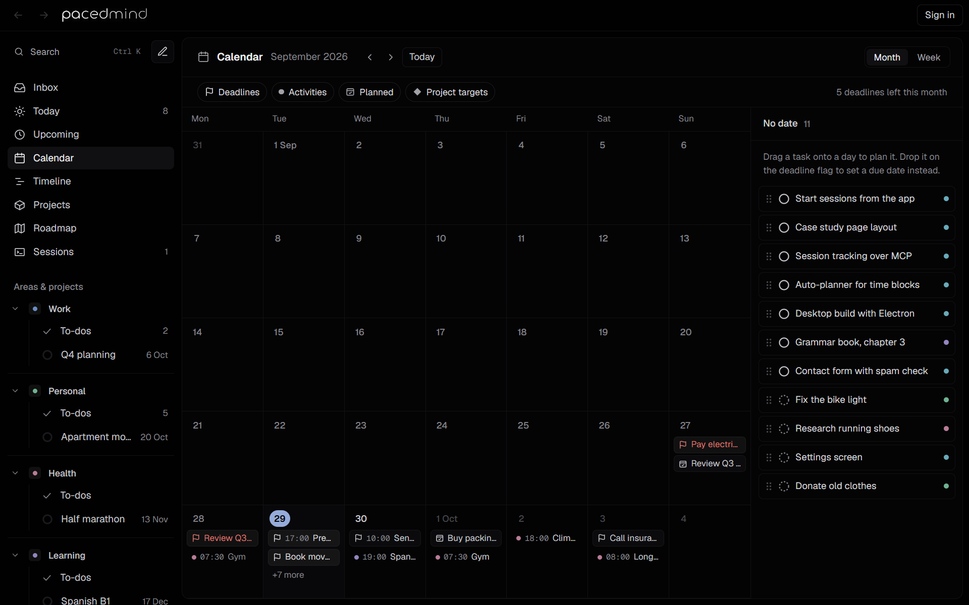 The month calendar with deadlines, activities and planned tasks, and the No date panel on the right