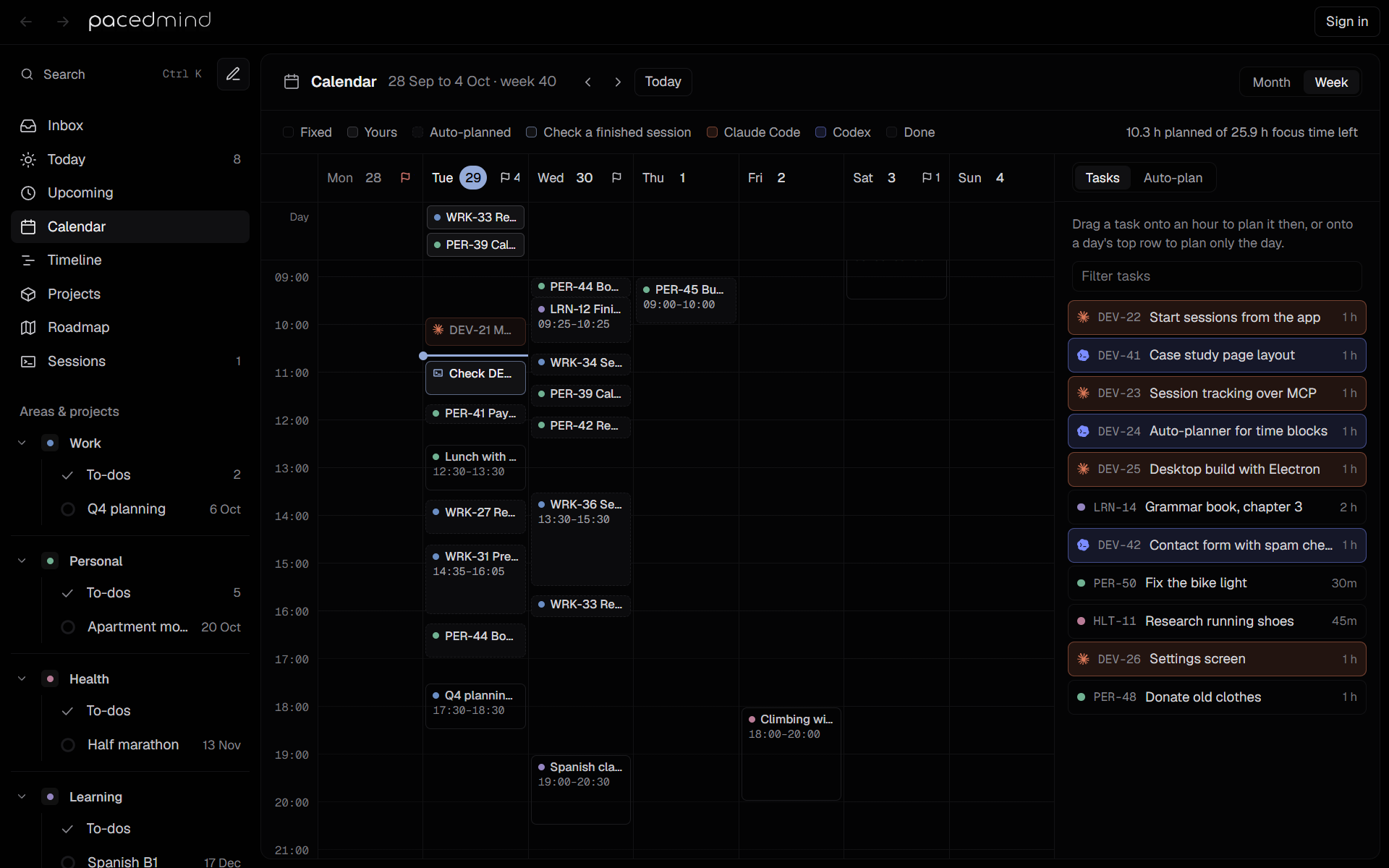 The week view with activities, your tasks, auto-planned focus blocks, a check block and the Tasks panel