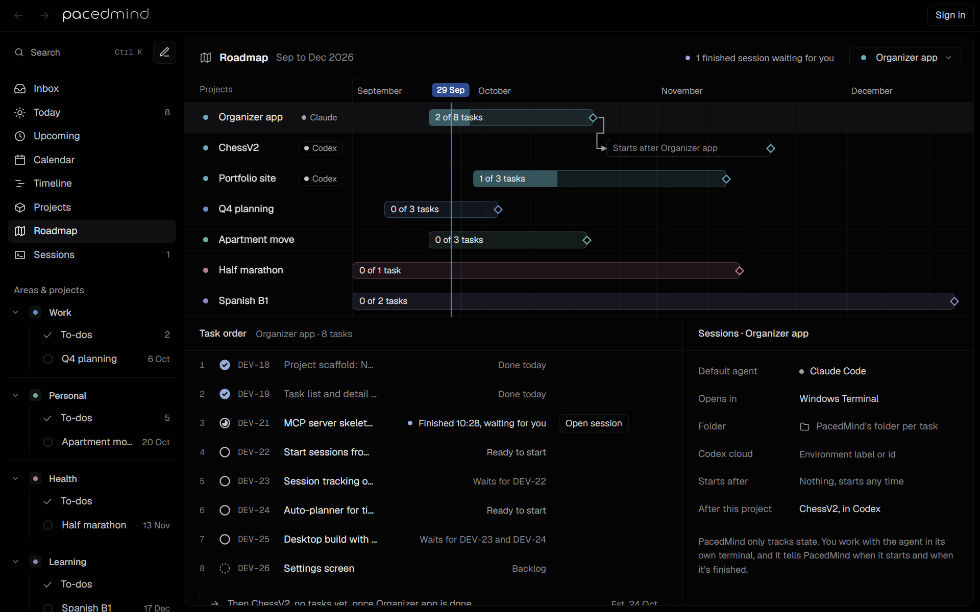 The Roadmap with the project timeline, the task order and the session settings