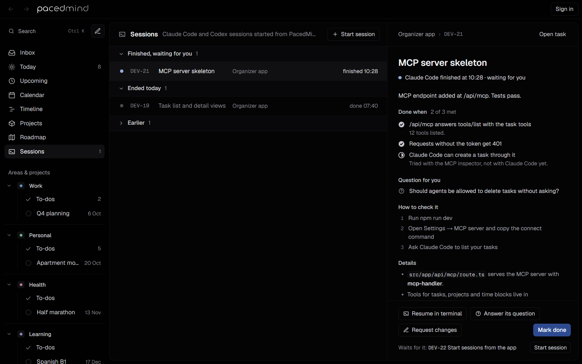 The Sessions view with a finished session selected, its report, where it ran, and the Mark done button