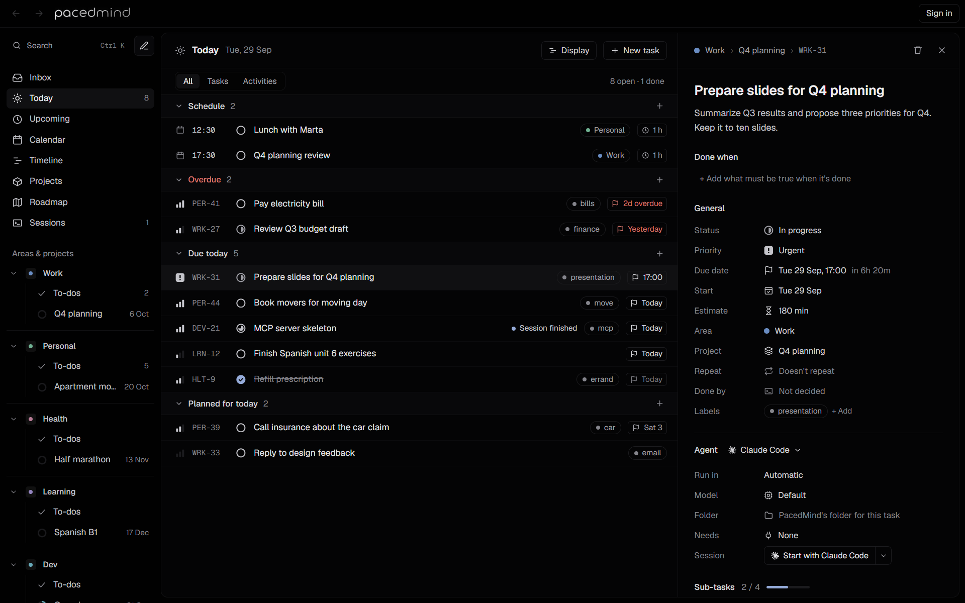 The details panel of a task, with its fields, the Start with Claude Code button and sub-tasks