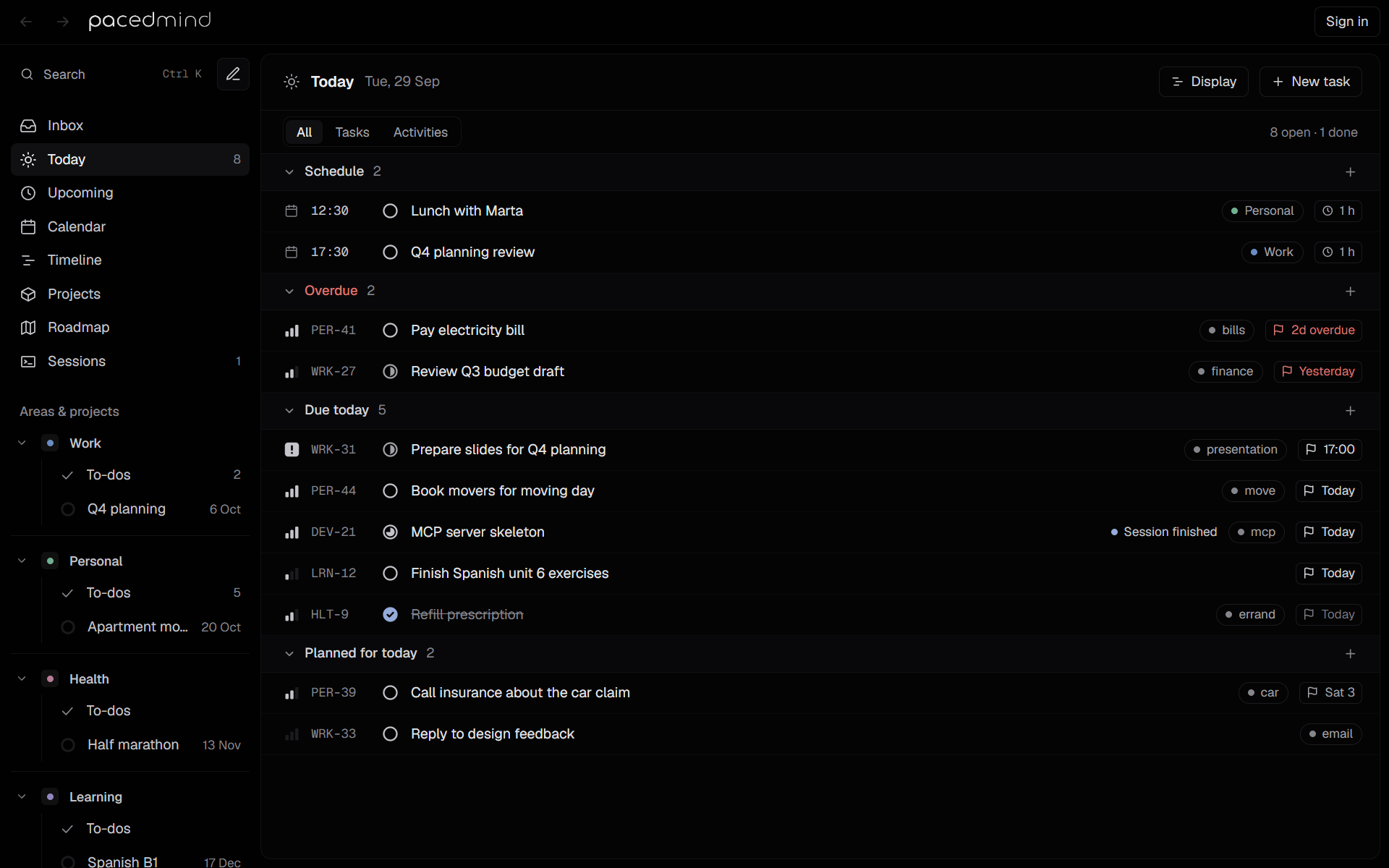 The Today view with the Schedule, Overdue, Due today and Planned for today groups