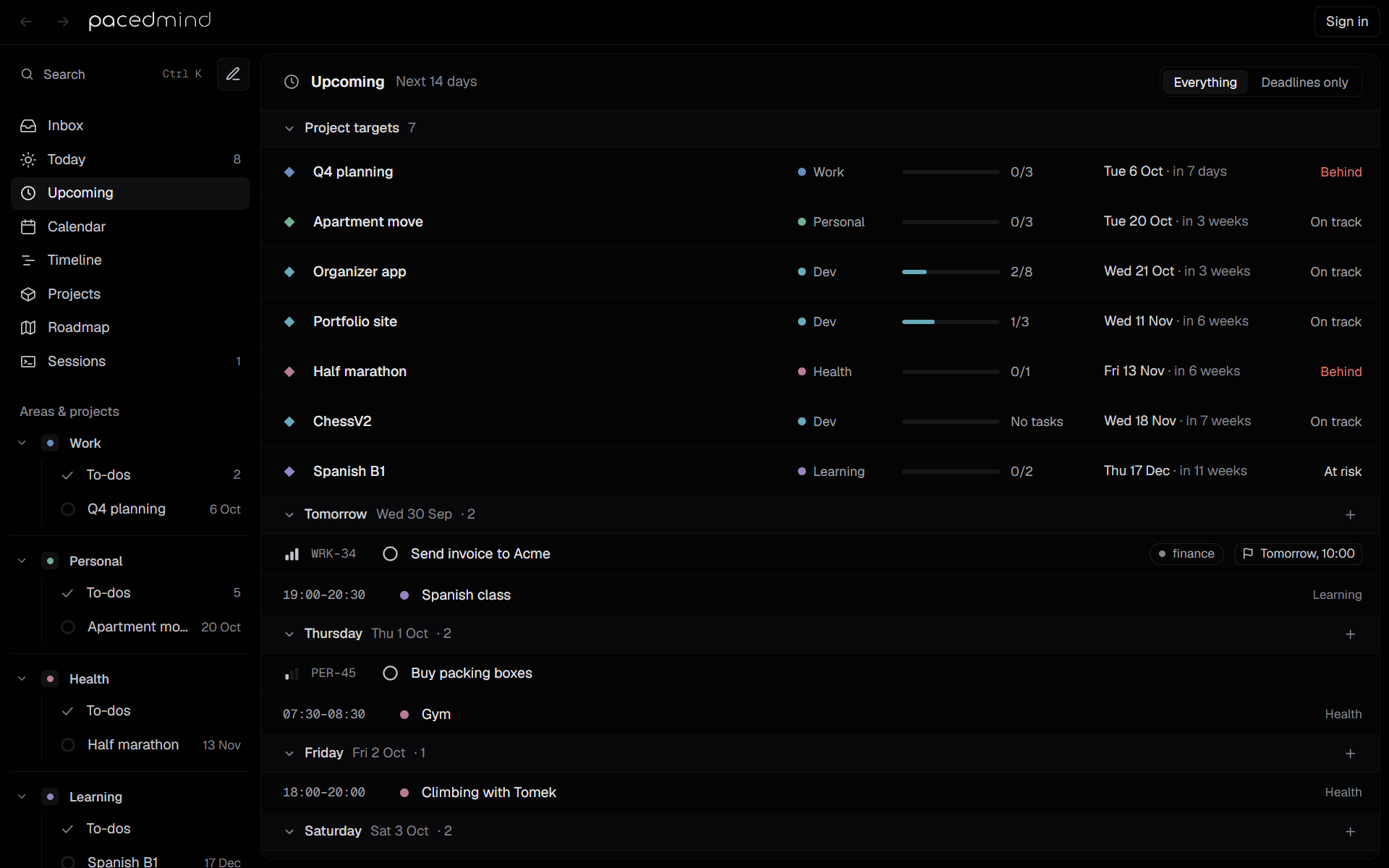 The Upcoming view with project targets and their health, followed by the next days